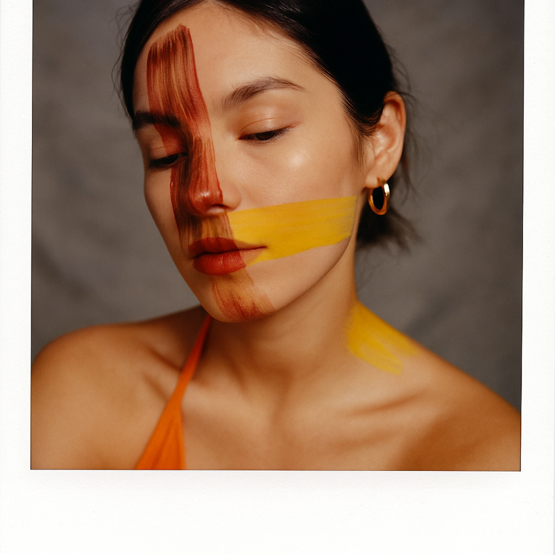 Portrait of a woman wearing a burnt orange halter top with gold hoop earrings, featuring bold red and yellow paint streaks across her face and neck; styled in a minimalist, artistic aesthetic.